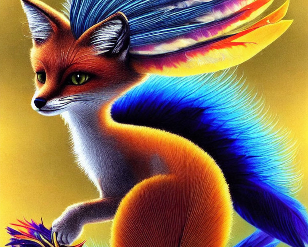 Colorful illustration of fantastical fox with vibrant blue and orange fur and green eyes