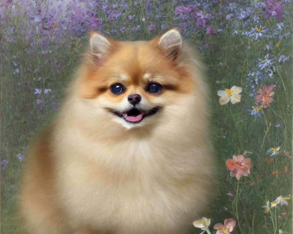 Fluffy Pomeranian Dog Among Colorful Wildflowers