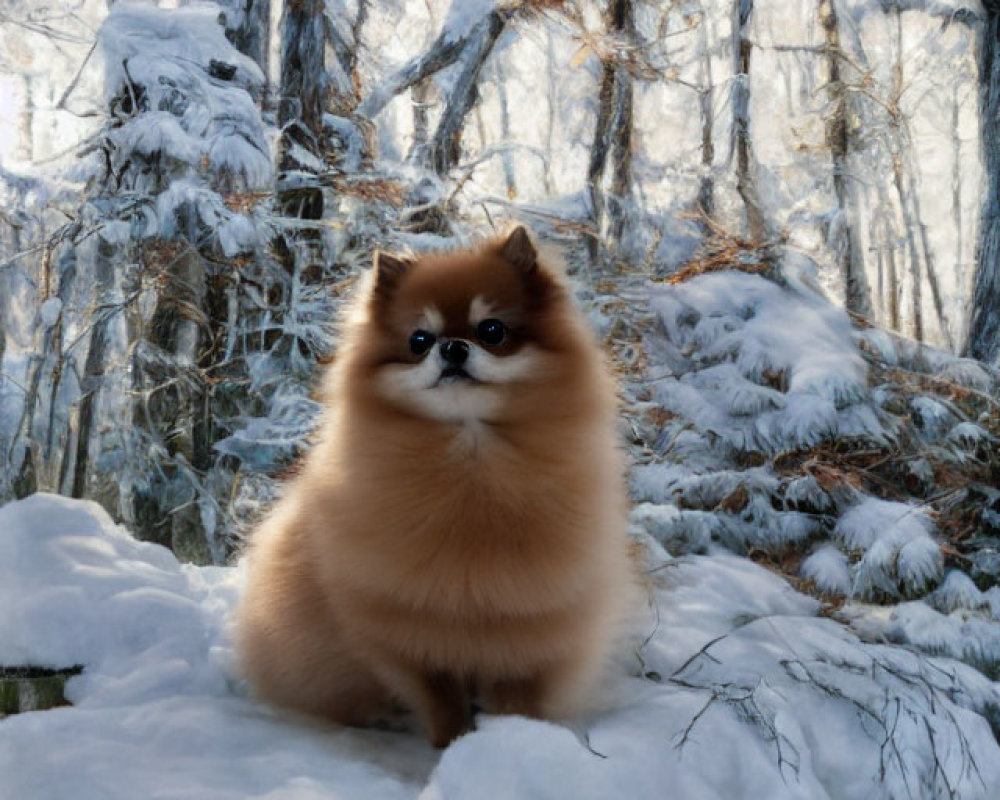Fluffy Pomeranian Dog in Snowy Forest Scene