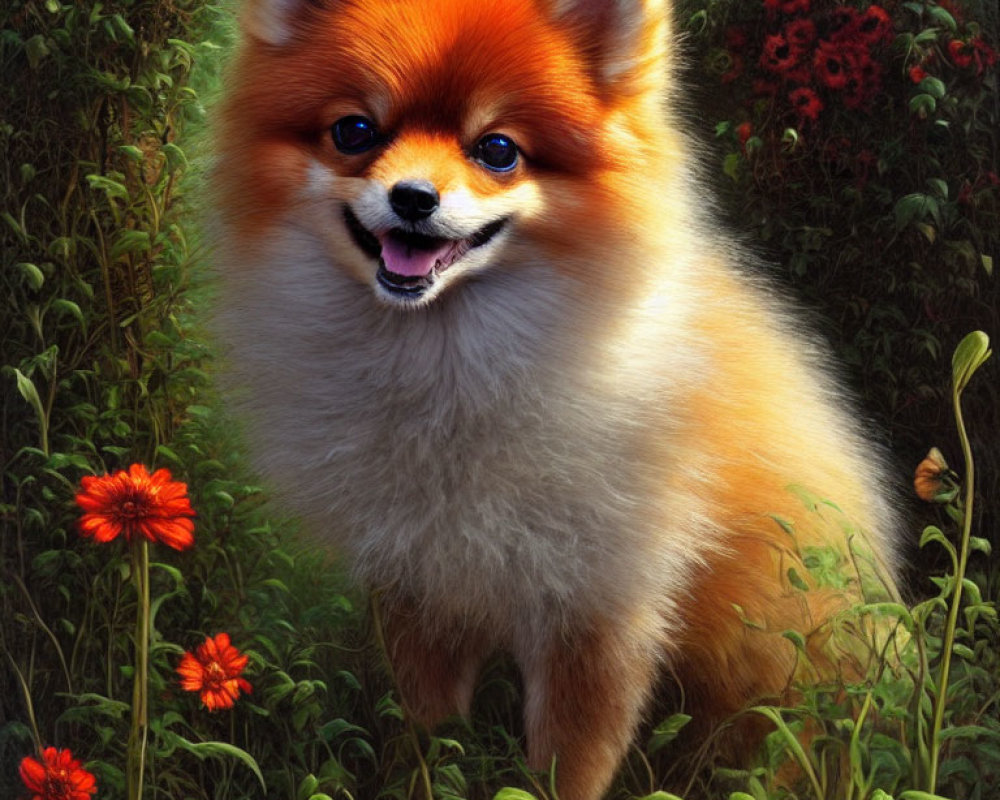 Smiling Pomeranian Dog in Garden with Green Foliage