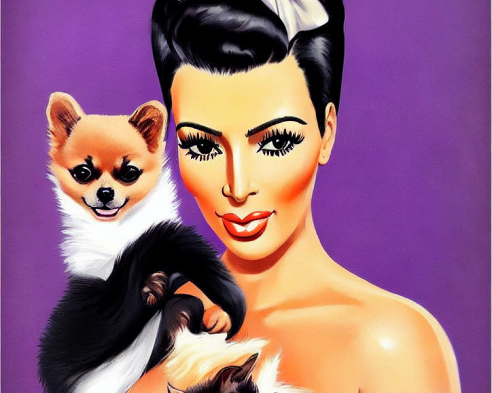 Stylized portrait of a woman with pets on purple background