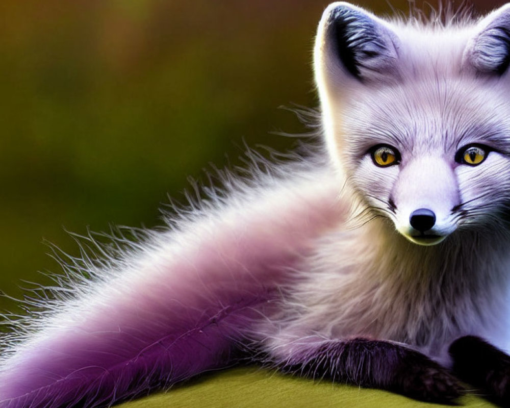 Digitally-created violet and white fox with yellow eyes on multicolored background
