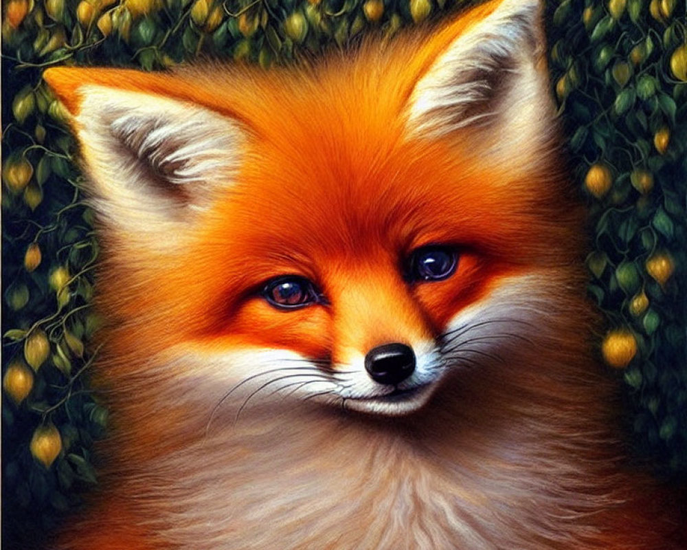 Colorful painting of red fox with blue eyes in nature scene