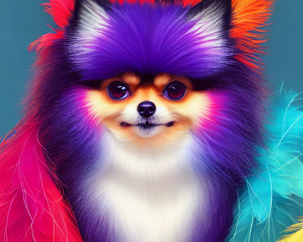 Colorful Digital Art: Pomeranian Dog with Multicolored Fluffy Feather-Like Coat