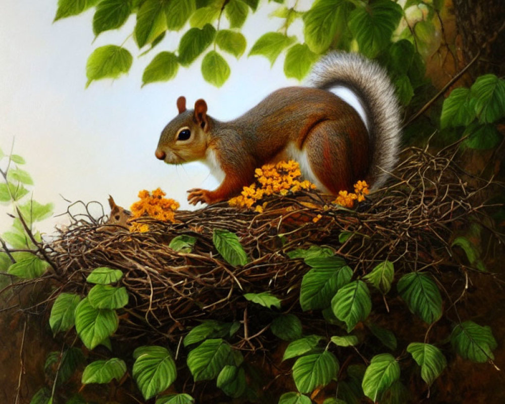 Realistic painting of squirrel on nest with yellow flowers and green leaves
