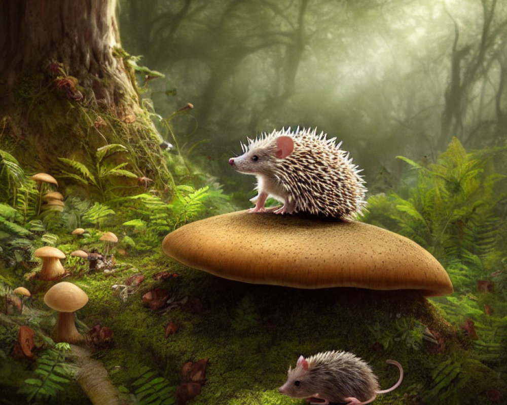 Two hedgehogs on mushrooms in misty forest landscape