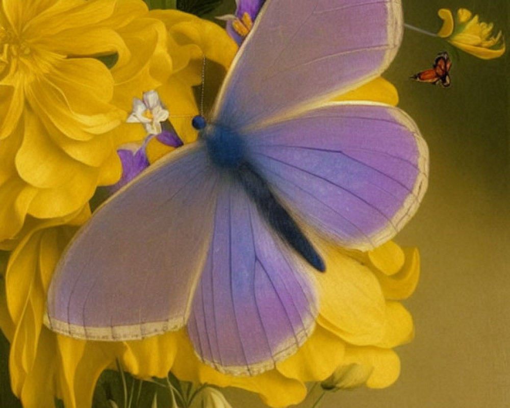 Purple and Blue Butterfly on Yellow Flowers with Small Butterflies in Dark Background
