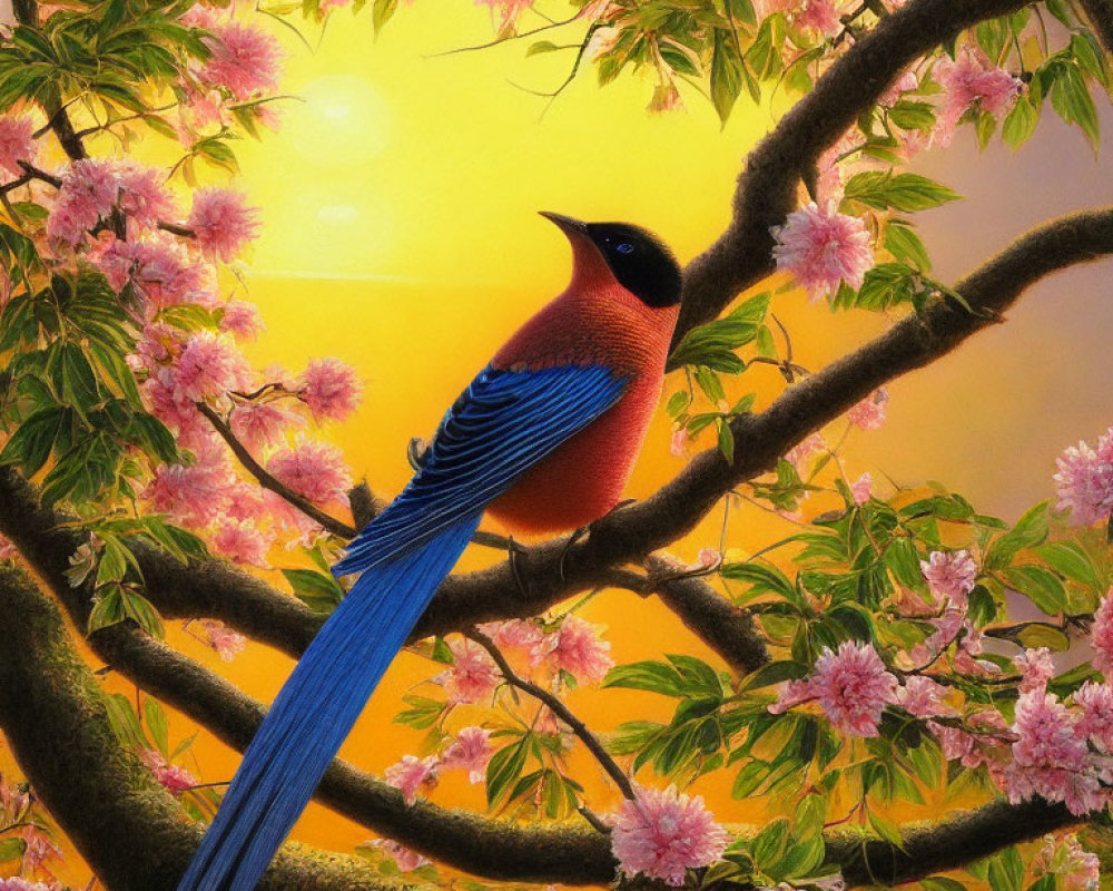 Colorful Bird Perched on Branch Among Pink Blossoms at Sunset
