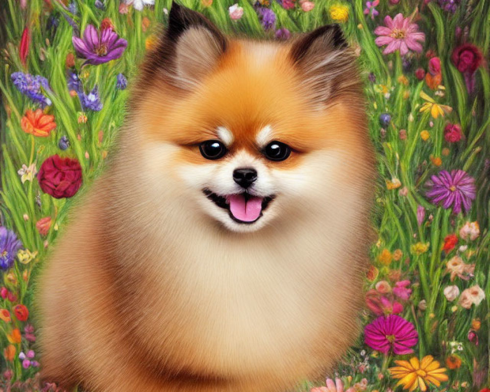 Fluffy Pomeranian surrounded by vibrant flowers