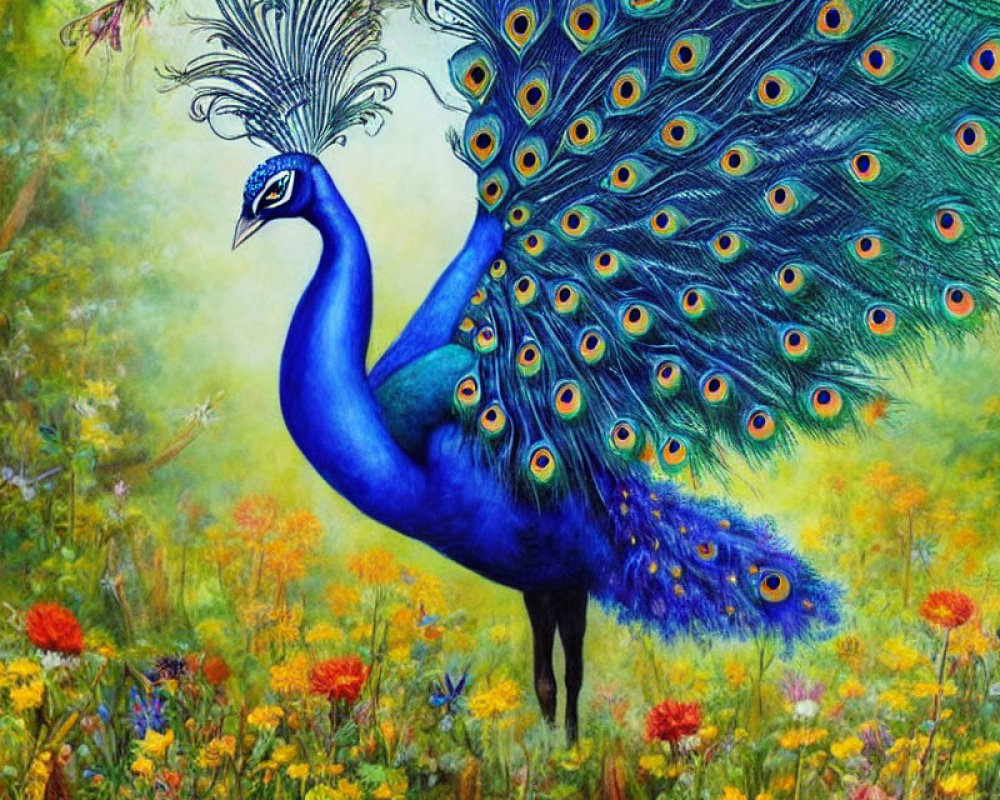 Colorful Peacock with Eyespot Tail in Meadow of Wildflowers