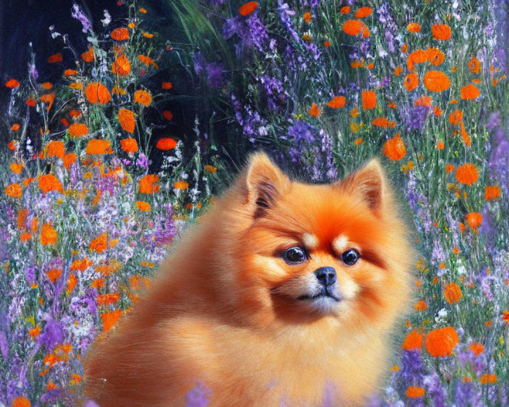 Fluffy Pomeranian Dog Surrounded by Vibrant Wildflowers
