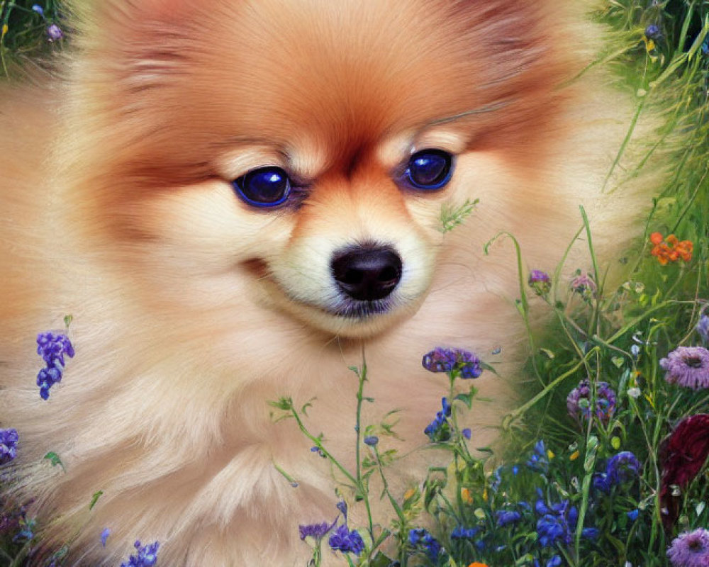 Fluffy Pomeranian Dog with Blue Eyes in Wildflower Field