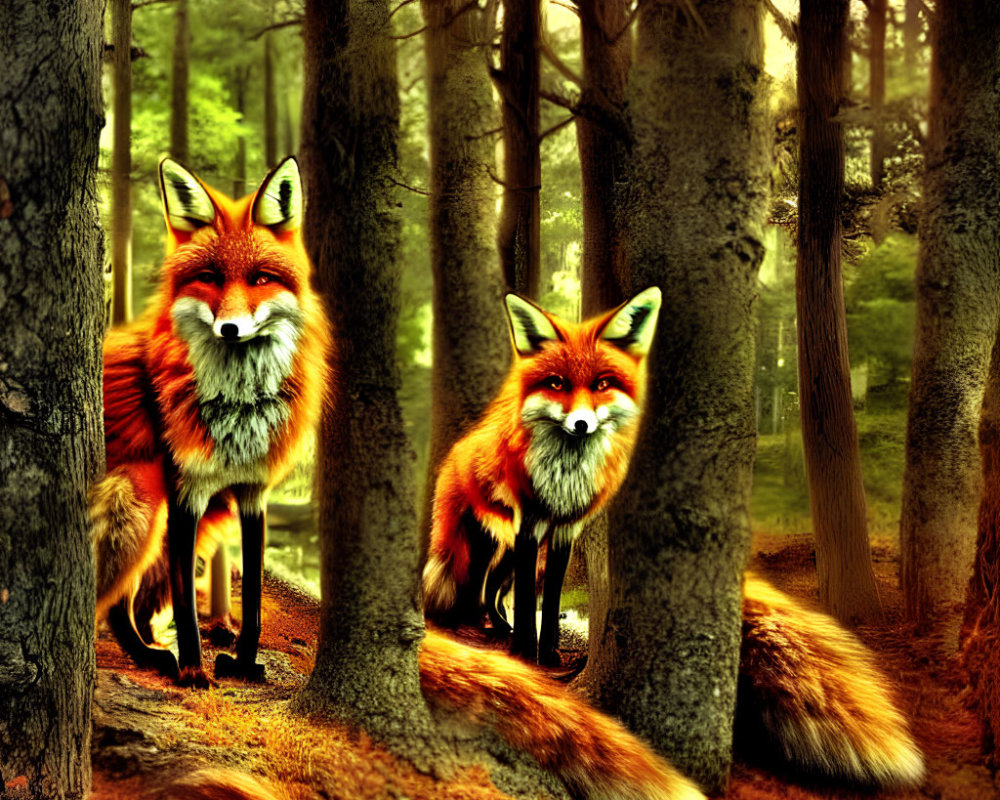 Stylized red foxes with exaggerated features in vibrant forest scene
