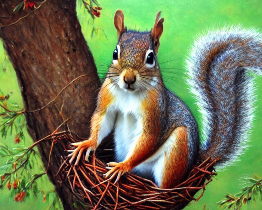 Colorful Squirrel Illustration in Nest on Green Background