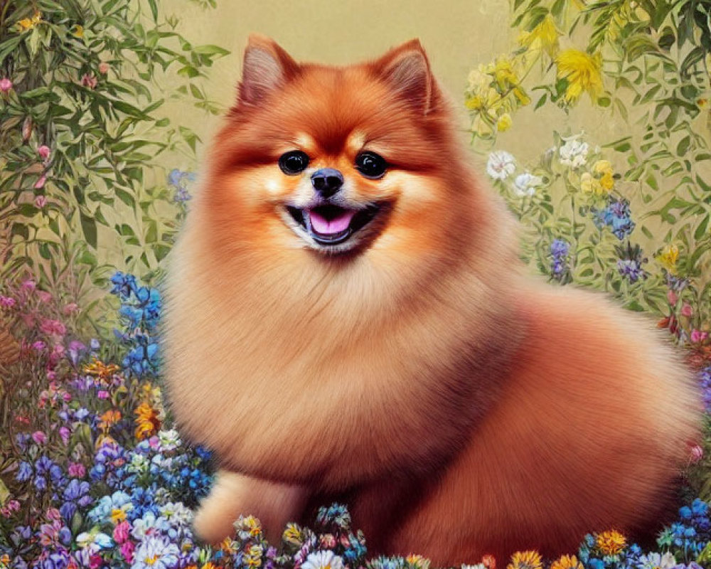 Fluffy Pomeranian Dog Smiling Surrounded by Vibrant Flowers