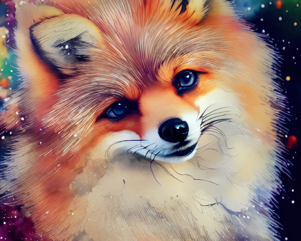 Colorful Cosmic Fox with Bright Blue Eyes Against Starry Background