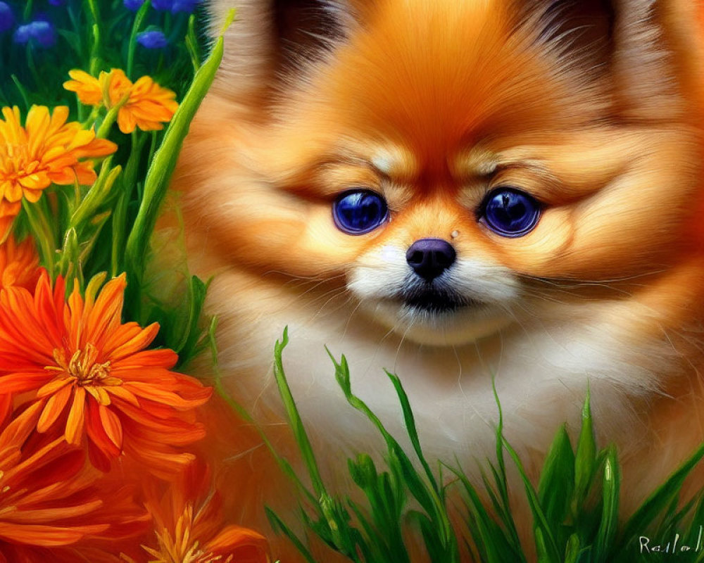 Golden-brown Pomeranian dog surrounded by orange and purple flowers