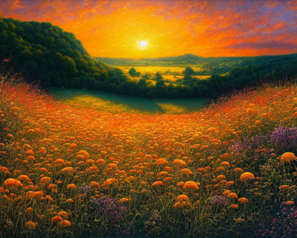 Colorful Sunset Landscape Painting with Orange Wildflower Field