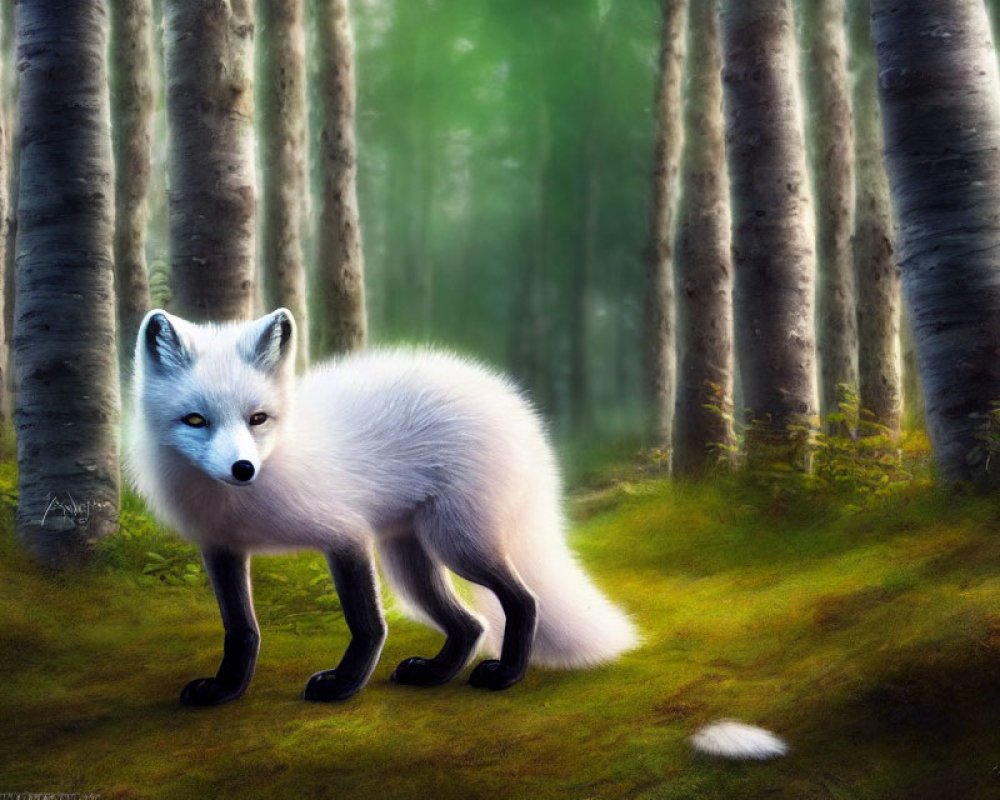 White Fox with Black Paws in Dreamy Forest with Blue Eyes