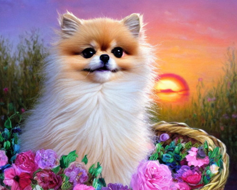 Pomeranian Dog in Wicker Basket with Colorful Flowers at Sunset