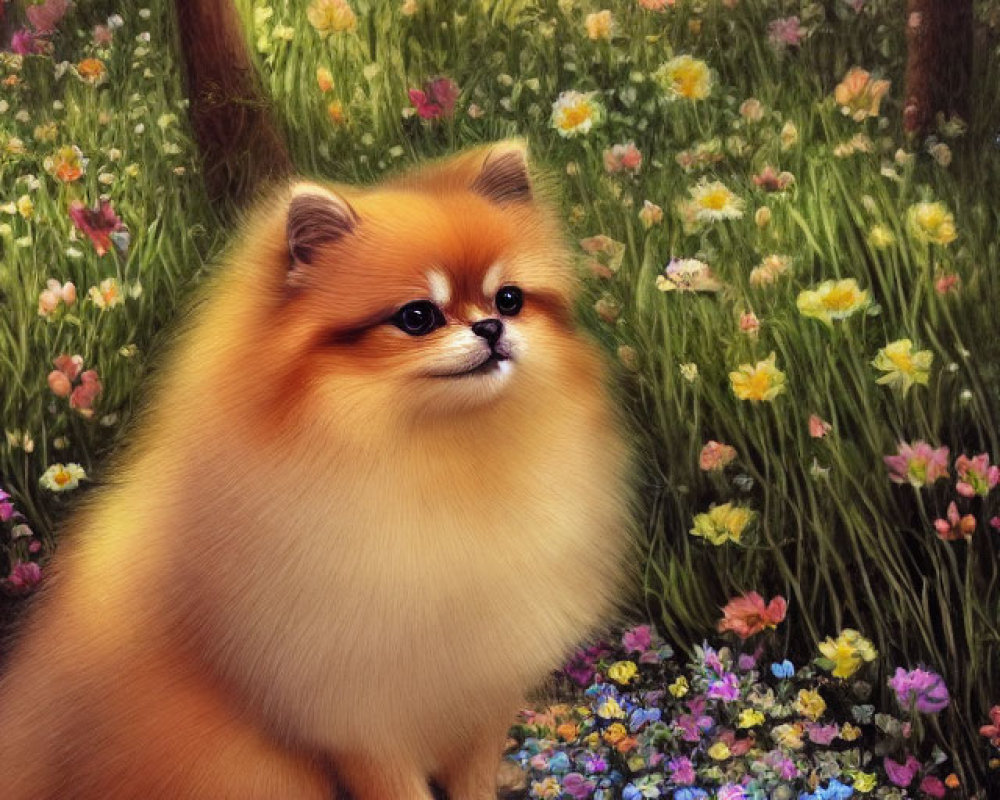 Fluffy Pomeranian Dog in Colorful Forest Clearing
