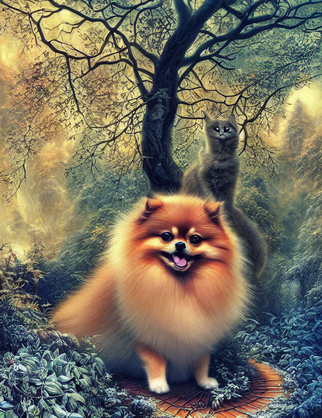 Fluffy Pomeranian Dog and Gray Cat in Mystical Forest with Overhanging Tree