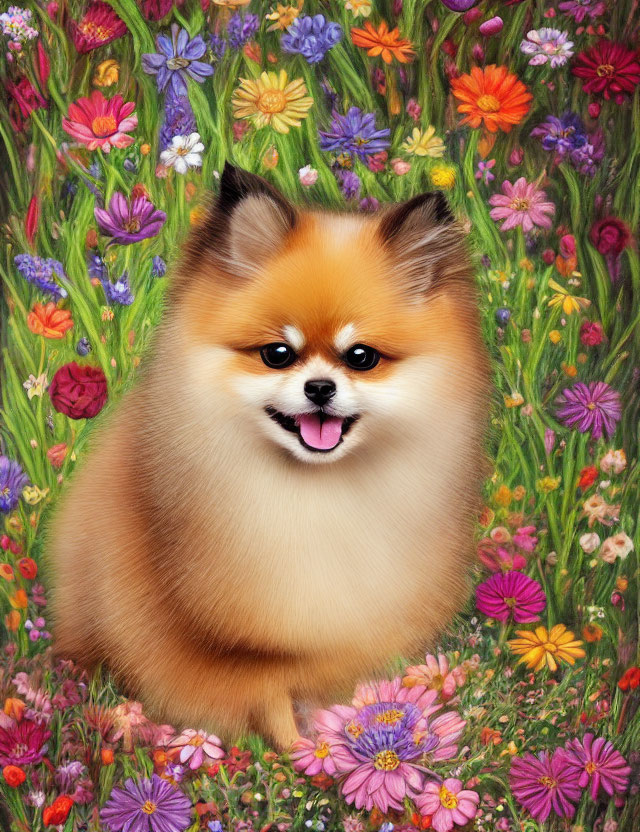 Fluffy Pomeranian surrounded by vibrant flowers