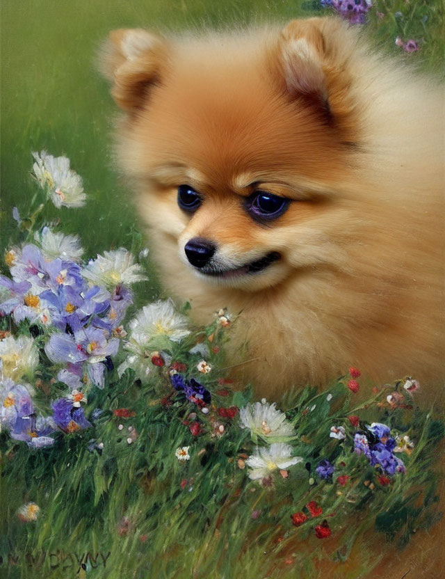 Fluffy Pomeranian Dog Surrounded by Wildflowers and Greenery
