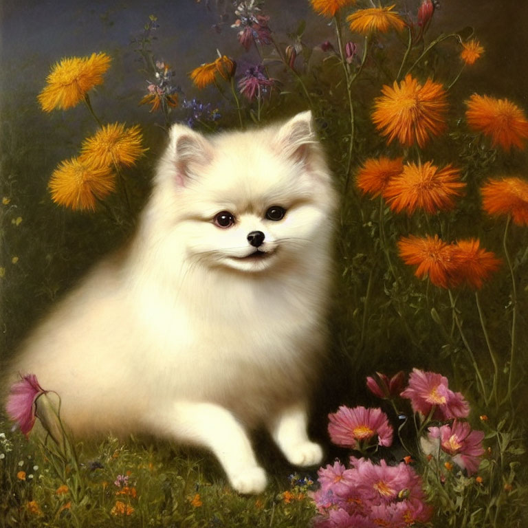 White fluffy dog surrounded by orange and purple flowers in garden scene