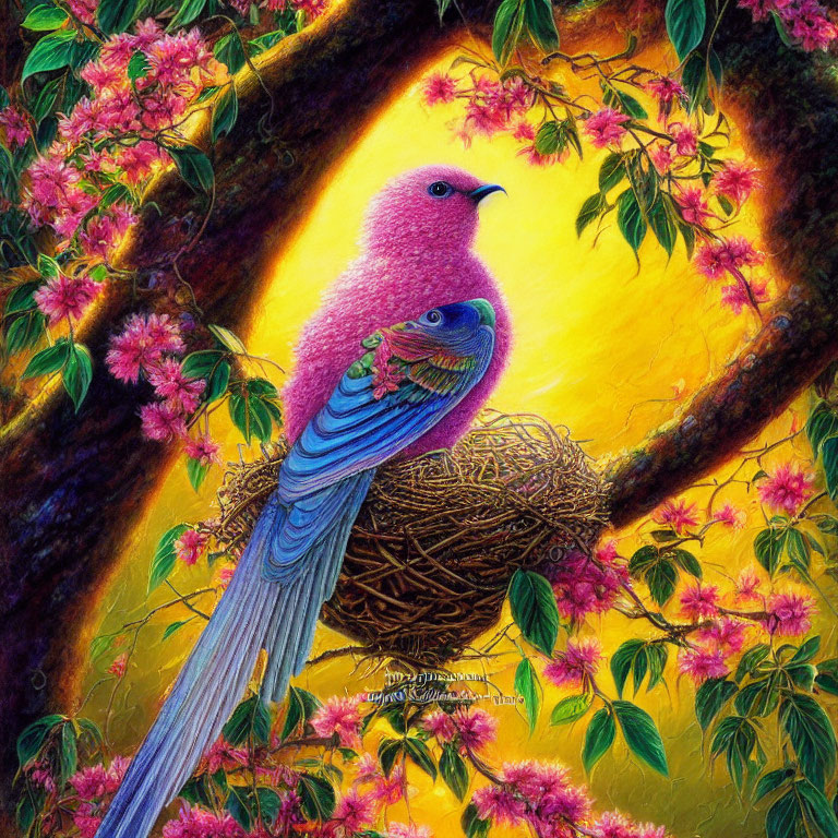 Colorful painting of pink and blue bird near nest and flowers on golden backdrop
