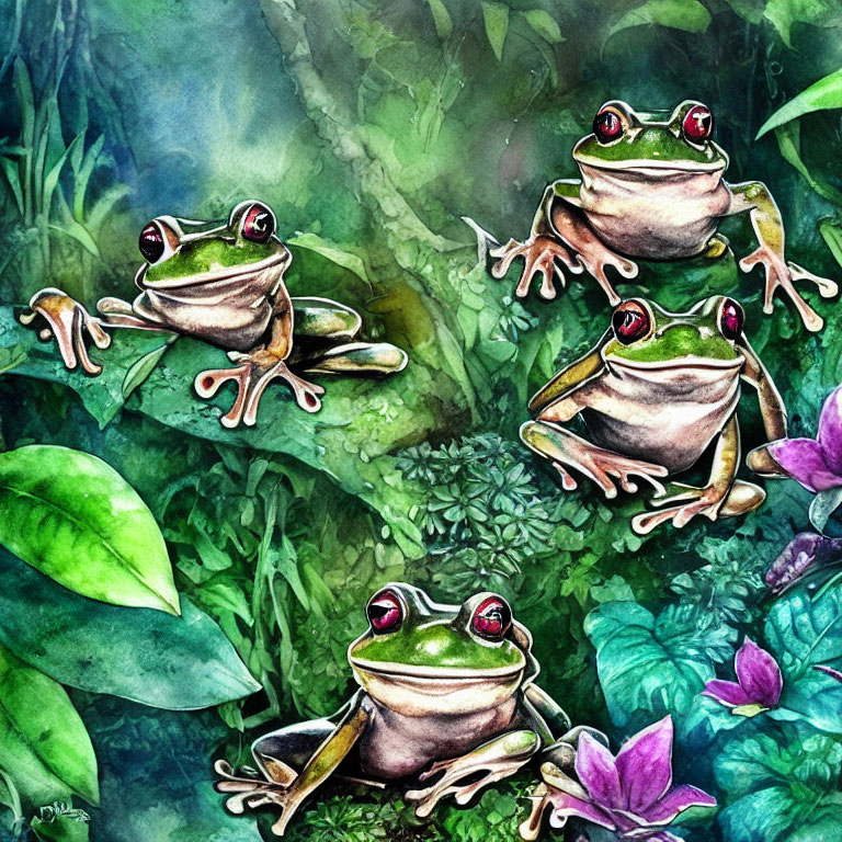 Whimsical frogs with red eyes in lush jungle setting