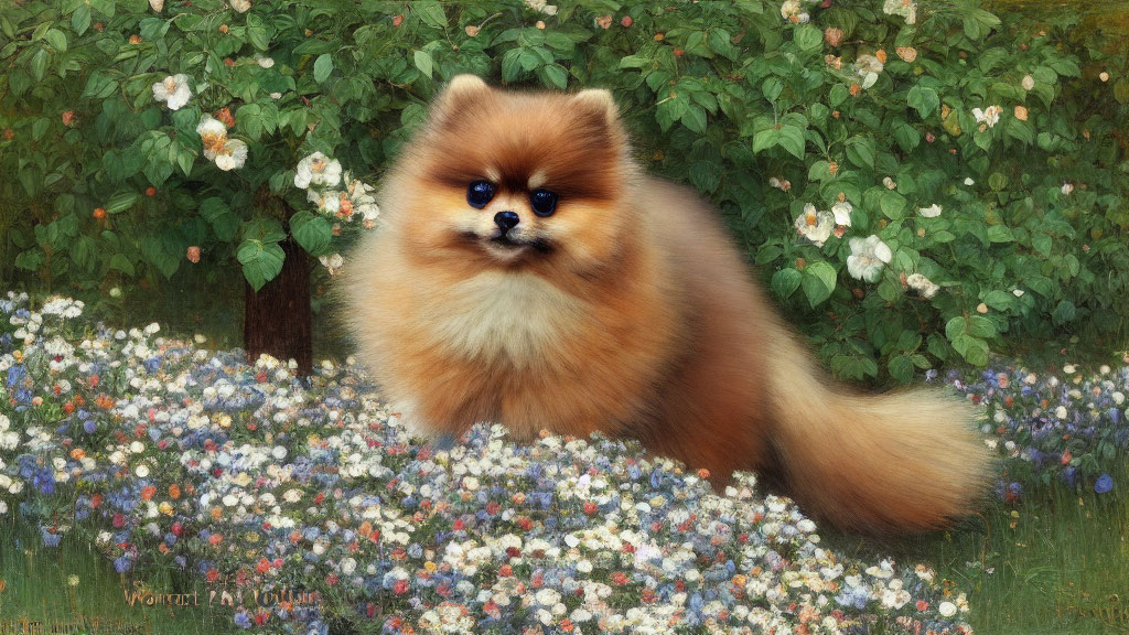 Fluffy Pomeranian Dog Surrounded by Colorful Flowers