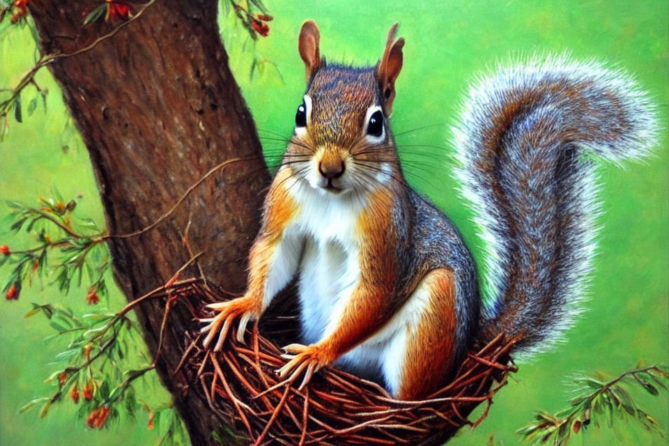 Colorful Squirrel Illustration in Nest on Green Background