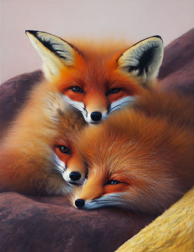 Three Vibrant Orange Foxes Resting Together in Close-Up