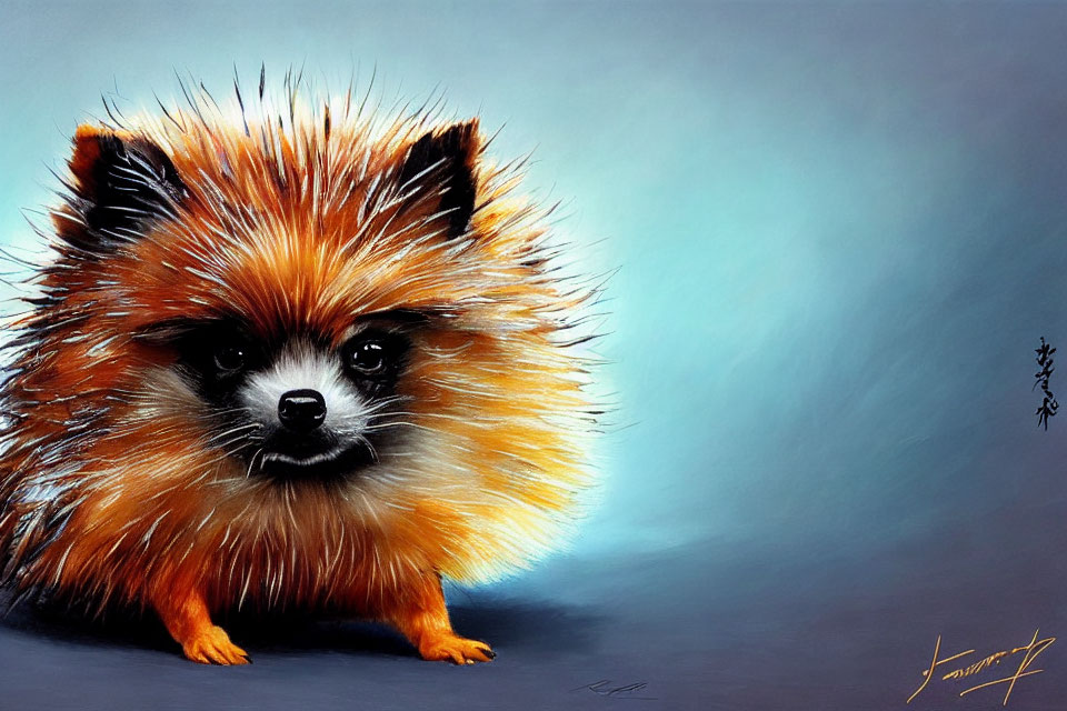 Whimsical creature painting: hedgehog body, raccoon face, soft blue background
