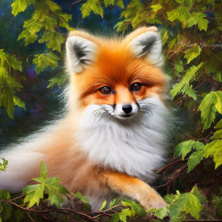 Red Fox Portrait in Lush Greenery: Bright Orange Fur and Keen Eyes