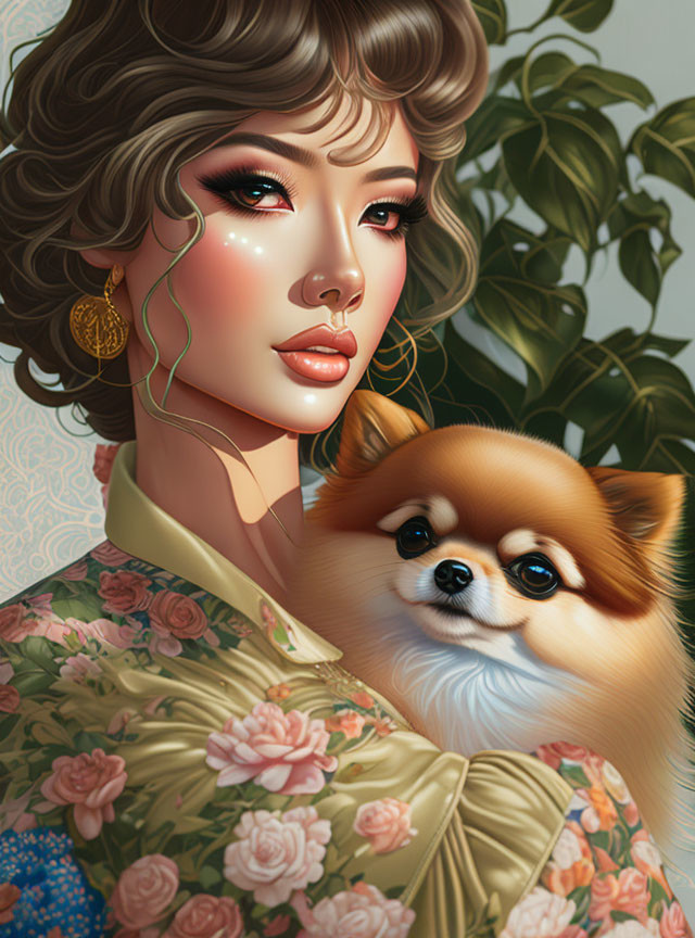 Stylized portrait of woman with curly hair in green floral outfit holding Pomeranian dog against leaf