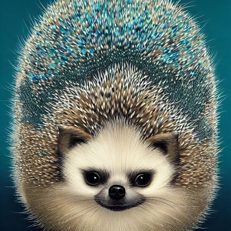 Whimsical hybrid creature: hedgehog body, sloth face, teal background.