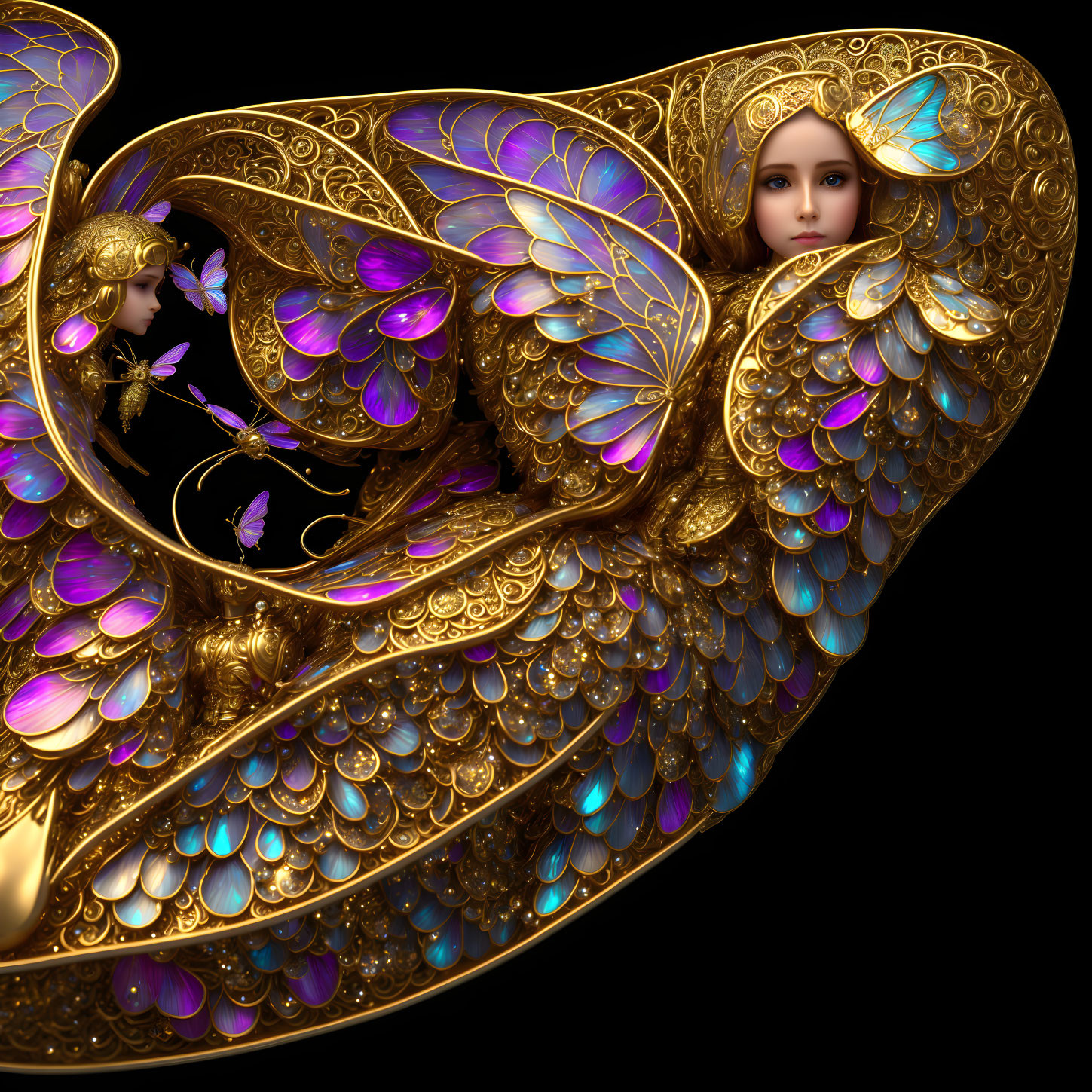 Digital art: Faces in golden filigree with butterfly motifs on black.