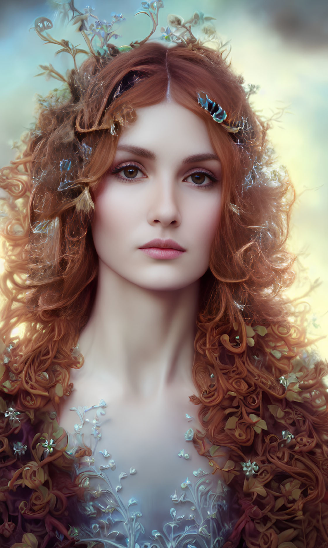 Curly Red-Haired Woman with Floral Adornments in Ethereal Setting