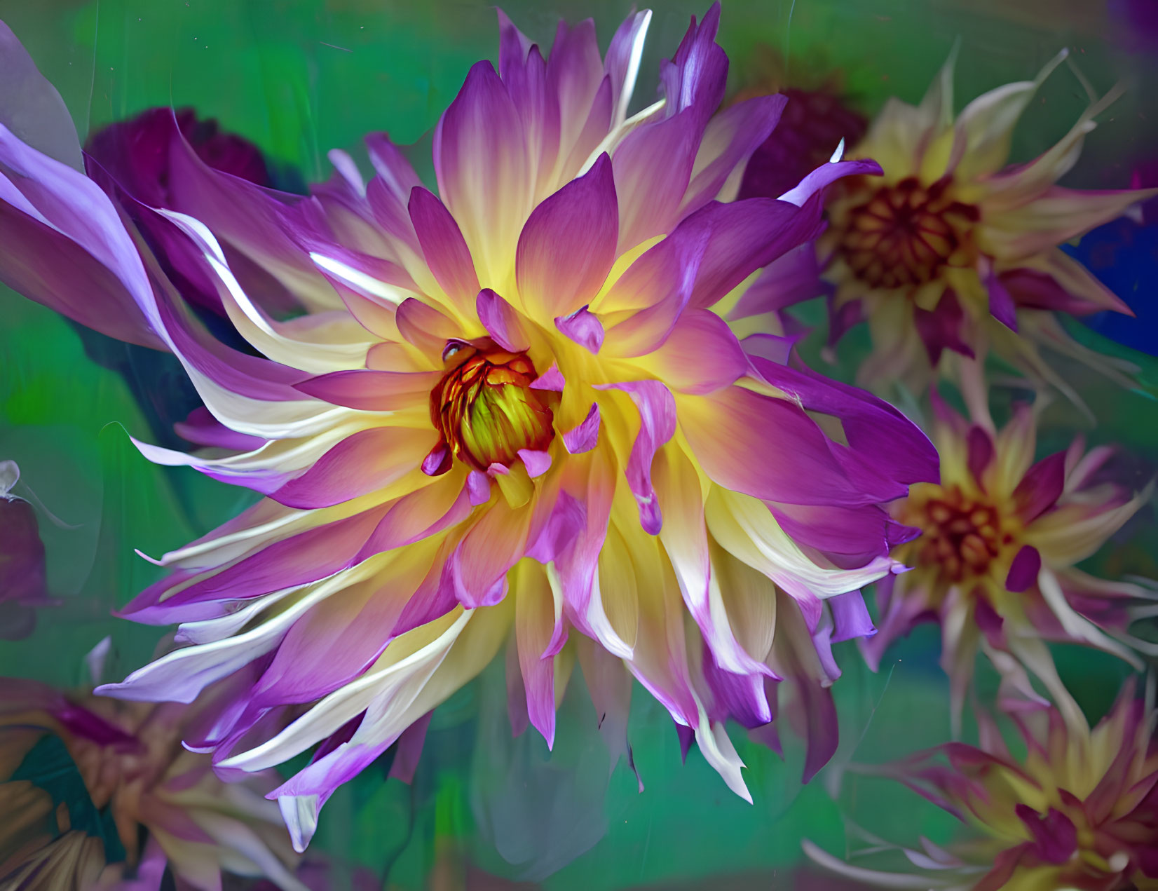 Close-Up of Purple and Yellow Dahlia Among Flowers in Water