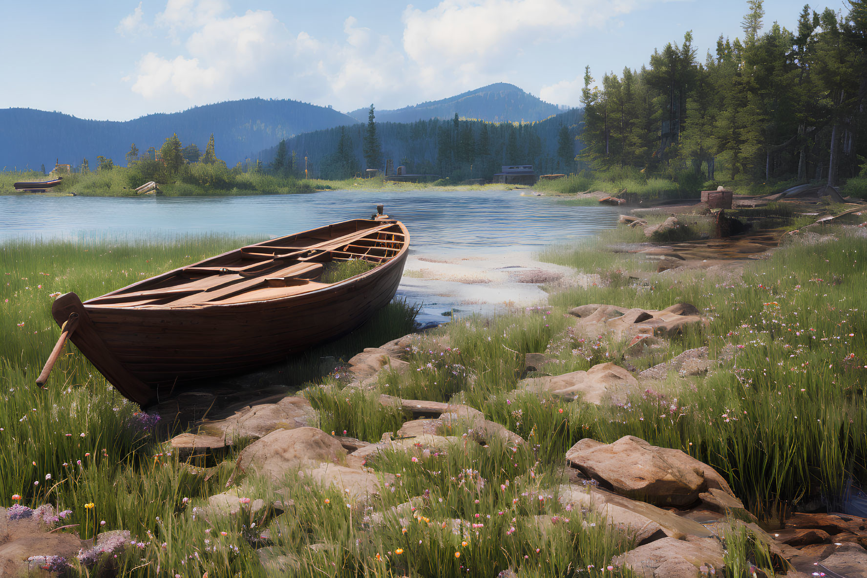 Tranquil lake scene with boat, wildflowers, and mountains