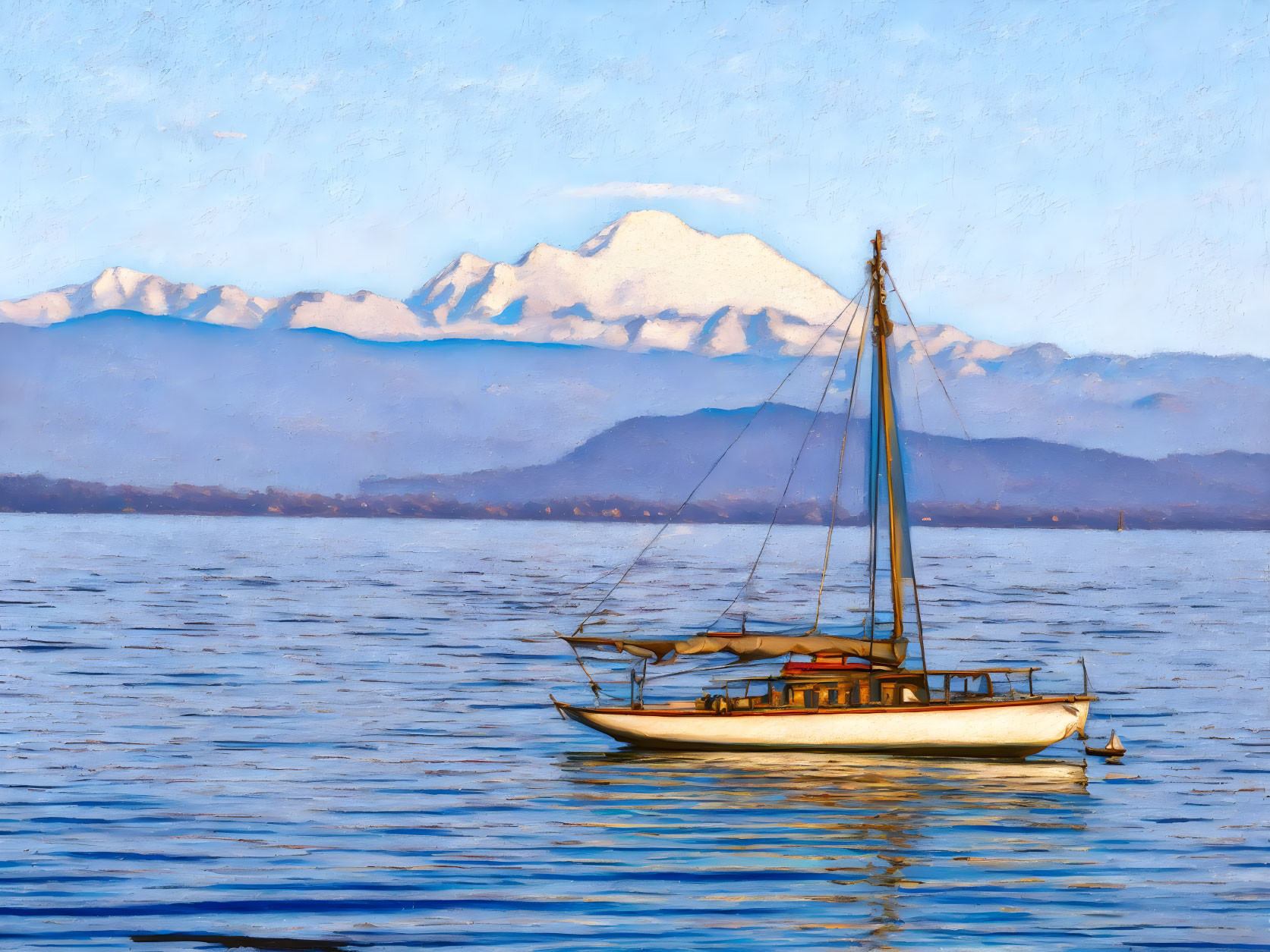Sailboat on calm blue waters with snow-capped mountains and clear sky