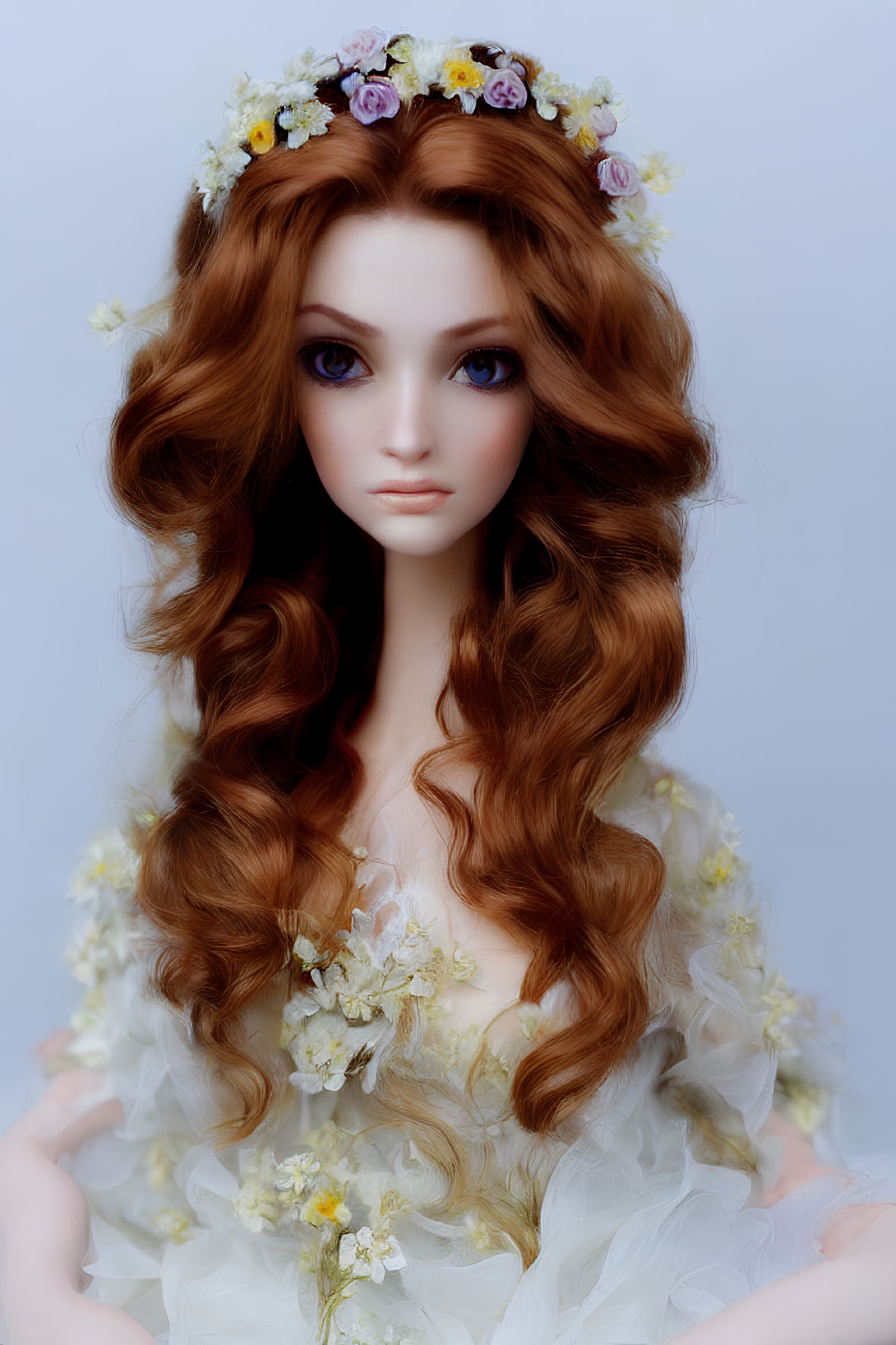 Realistic doll with auburn hair, floral crown, and white dress
