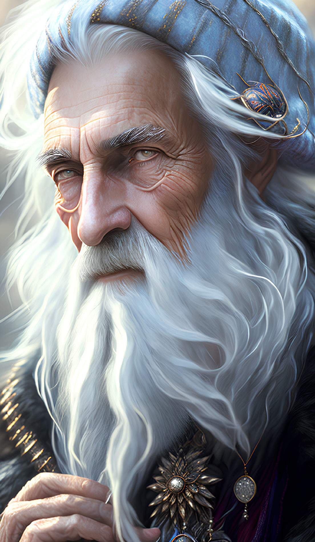 Detailed Digital Portrait of Elderly Wizard with White Beard and Blue Hat