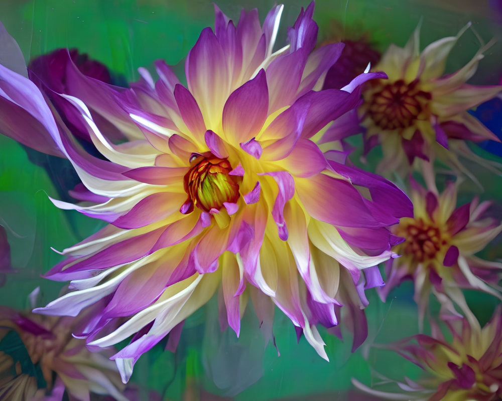 Close-Up of Purple and Yellow Dahlia Among Flowers in Water