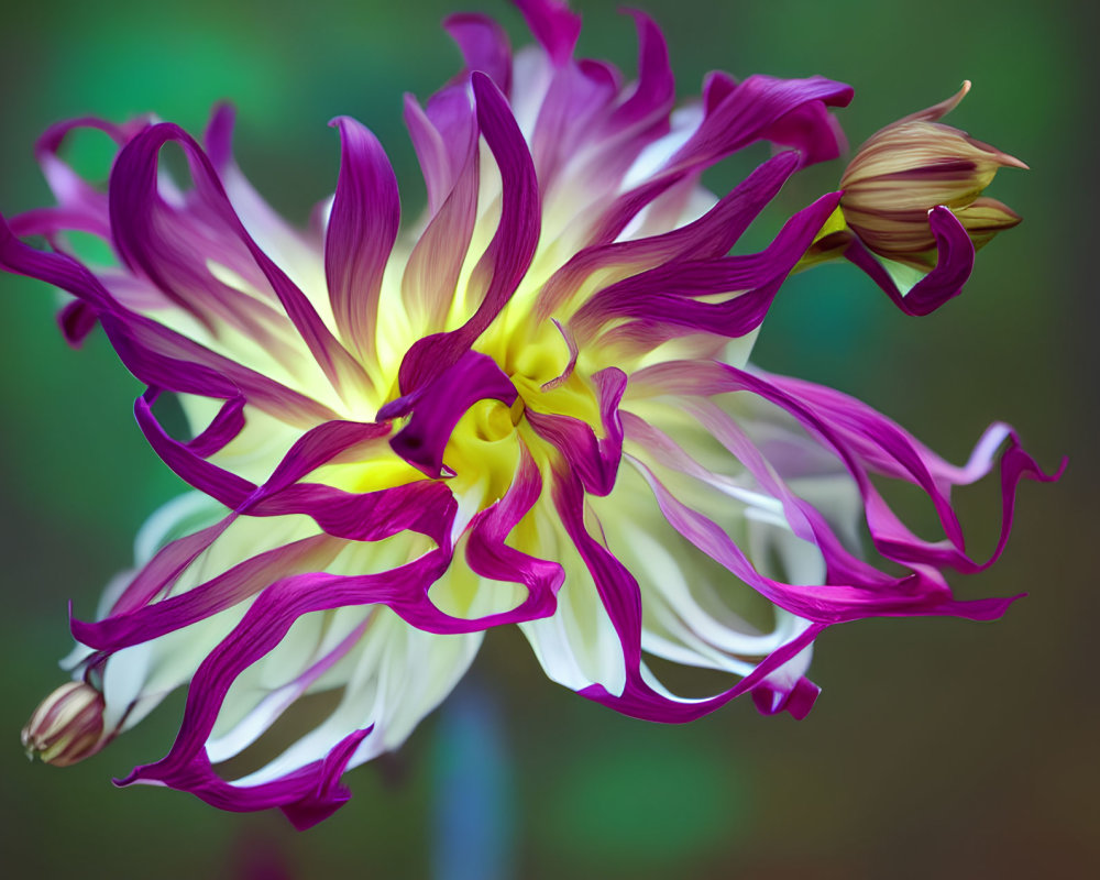 Purple and White Dahlia with Detailed Petals on Soft Green Background