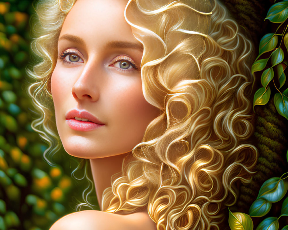 Blonde Curly-Haired Woman with Blue Eyes and Green Leaves Background