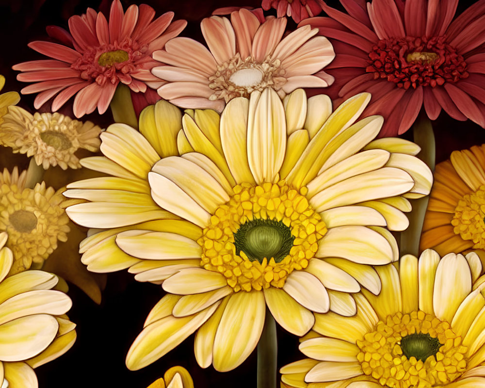 Vibrant Gerbera Daisies in Pink, Cream, and Yellow on Dark Background