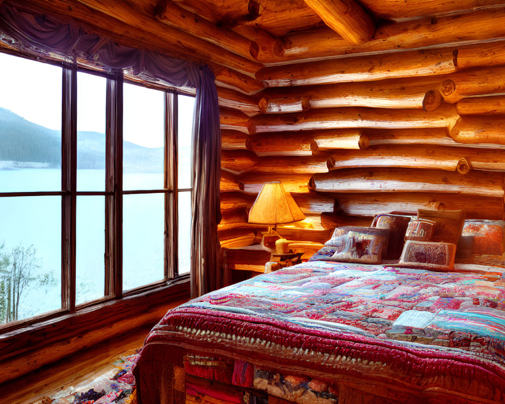 Serene Lake View Log Cabin Bedroom with Colorful Quilt Bed